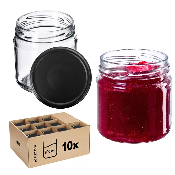 Borcane de conserve KADAX 200ml set 10buc, capac negru mat