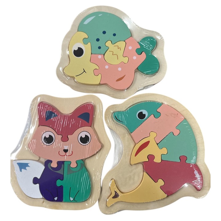 3 db-os fapuzzle készlet gyerekeknek – színes állatok, delfin, macska és halacska