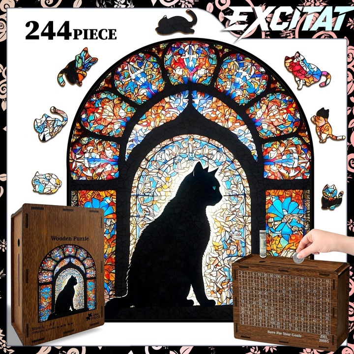 Puzzle din Lemn 244 Piese, Excitat®, Model Artistic Cathedral Cat, Castelul Magic Colorful, Design American, Puzzle cu Pisici pentru Adulti, Copii si Adolescenti, Design Arhitectural Detaliat, Set Cadou Craciun Premium, Joc Educativ Antistres Enjoy