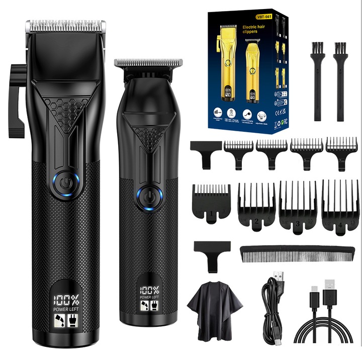 Aparat de tuns, set profesional fara fir, lama din inox 440C cu acoperire din titan, design ergonomic