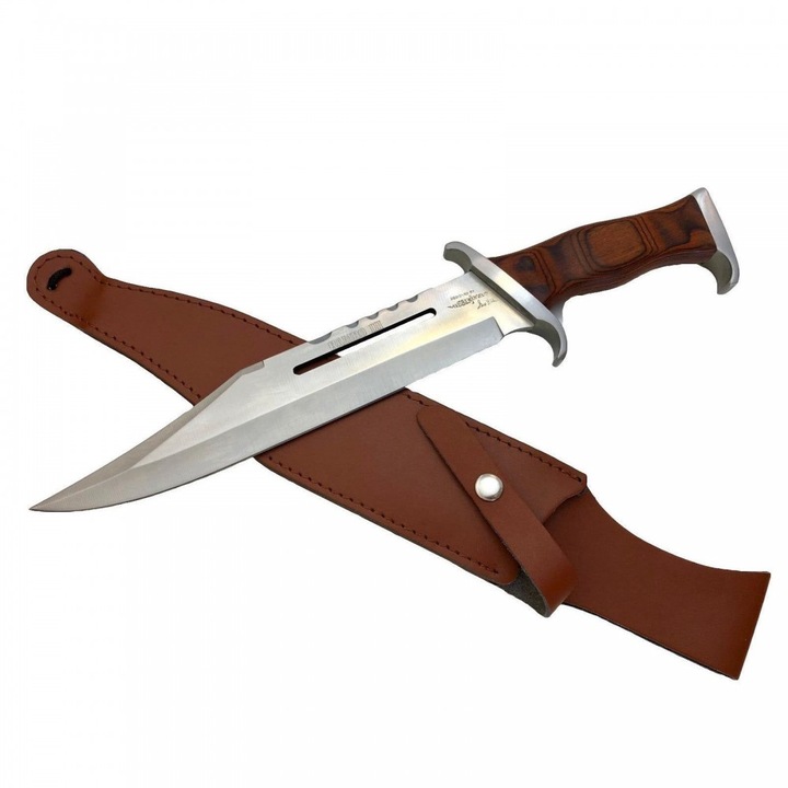 Cutit de vanatoare/supravietuire, Maceta Rambo First Blood III, Otel Inox, 42cm, Grosime 6mm, Teaca Piele Ecologica