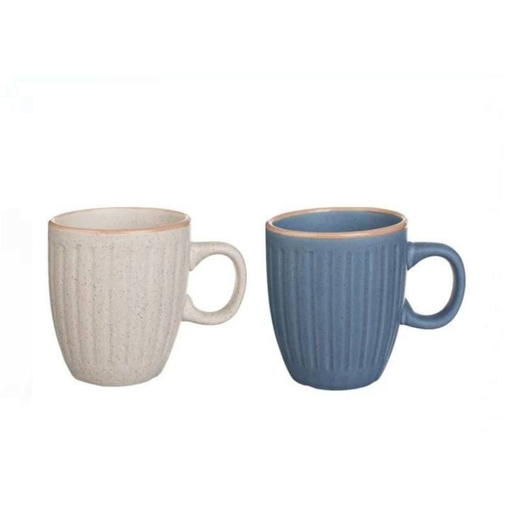 Cesti Ceramice cu Model Dungi, 170ml, Bej si Bleu, 7 x 8 cm, 2buc