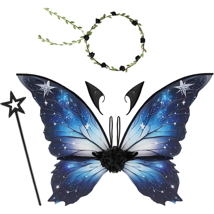 Aripi de zana pentru copii cu urechi de elf si baghete magice - Albastre 43x1x82 cm; 70 g