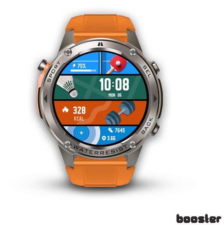 Smartwatch Booster Military M1 – Strapabíró Okosóra, GPS, Pulzusmérő, Fitnesz és Kültéri Sport Katonai okosóra 48mm, fitneszóra GPS-szel, AI, hangvezérlés, offline térképek, Android vagy iPhone készülékhez, 170 modul, Narancssárga