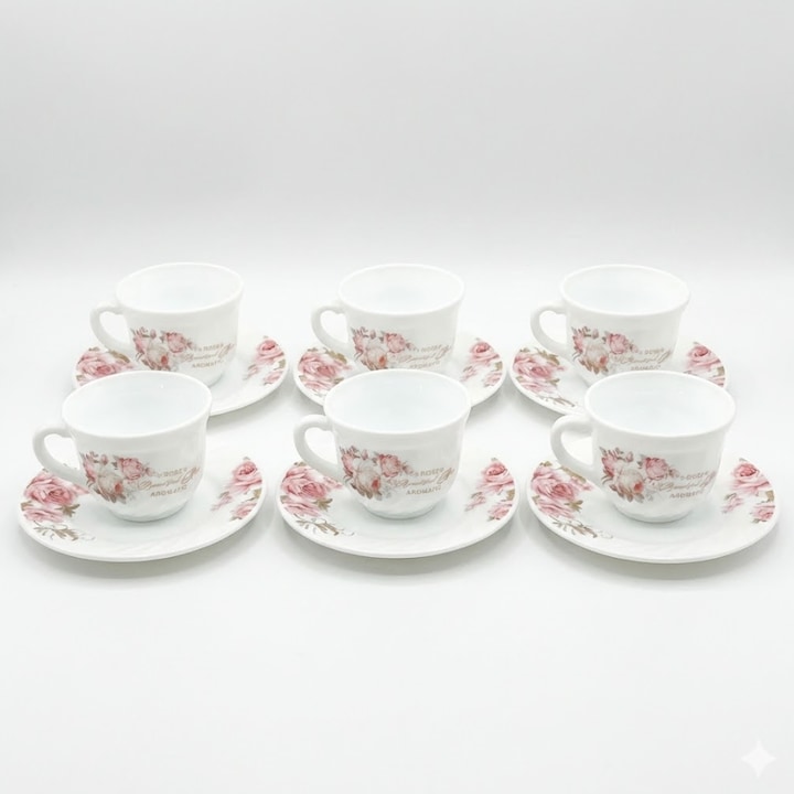 Set Cesti Cafea Si Ceai Din Portelan, 6 Cesti 200 Ml Cu 6 Farfurioare, Model Floral Elegant, Pentru Servire Acasa Sau Cadou, VA-209