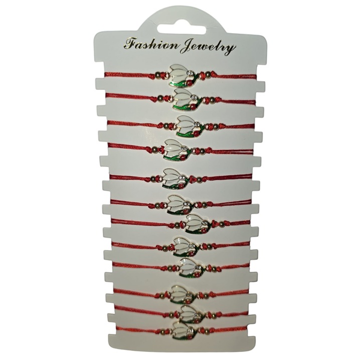 Set 12 martisoare bratara, snur rosu, dimensiune reglabila, ghiocel