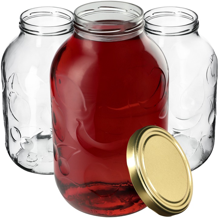 Borcan 5L cu capac metalic, set de 6 bucati, sticla rezistenta, design fructe, transparent