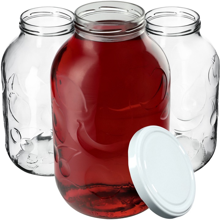 Borcan 5L cu capac, set de 6 buc, KADAX, sticla rezistenta, design fructe, transparent