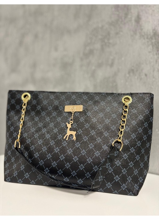 Geanta de Umar Dama, Model Shopper cu Imprimeu Geometric, Piele Ecologica, Negru