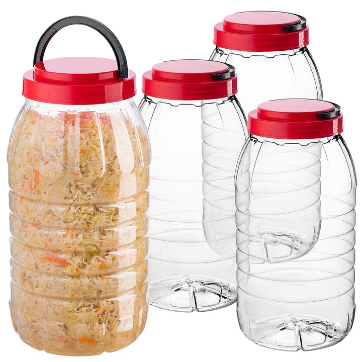 Borcan PET cu capac si maner, KADAX, set 4 bucati, 5L, transparent