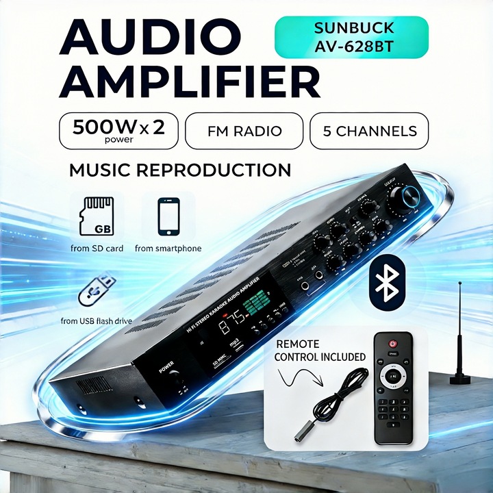 Аудио усилвател, MOSMAOO®, Bluetooth 5.0, Мощност 1000W (2 x 500W), Hi-Fi 5 канала, FM радио, USB, SD карта, Включено дистанционно управление, Черен