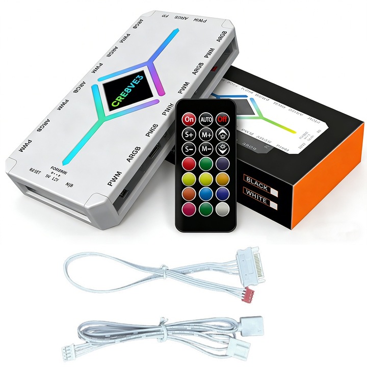 Hub ventilatoare PC CRE8VE3® 9 porturi ARGB si PWM, controler inclus, alimentare SATA, backplane magnetic, adaptor 5V 3PIN A-RGB, splitter ventilatoare, Alb