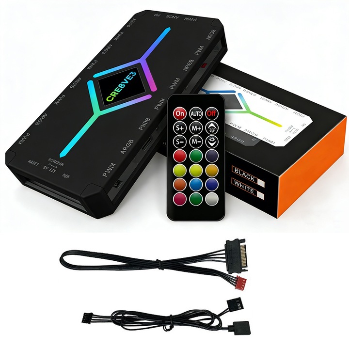 Hub ventilatoare PC CRE8VE3® 9 porturi ARGB si PWM, controler inclus, alimentare SATA, backplane magnetic, adaptor 5V 3PIN A-RGB, splitter ventilatoare, Negru