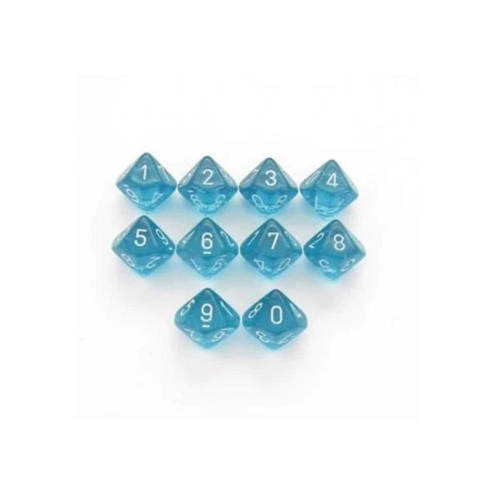 Készlet d10 kocka, Chessex, áttetsző, kékeszöld/fehér, 10 darab