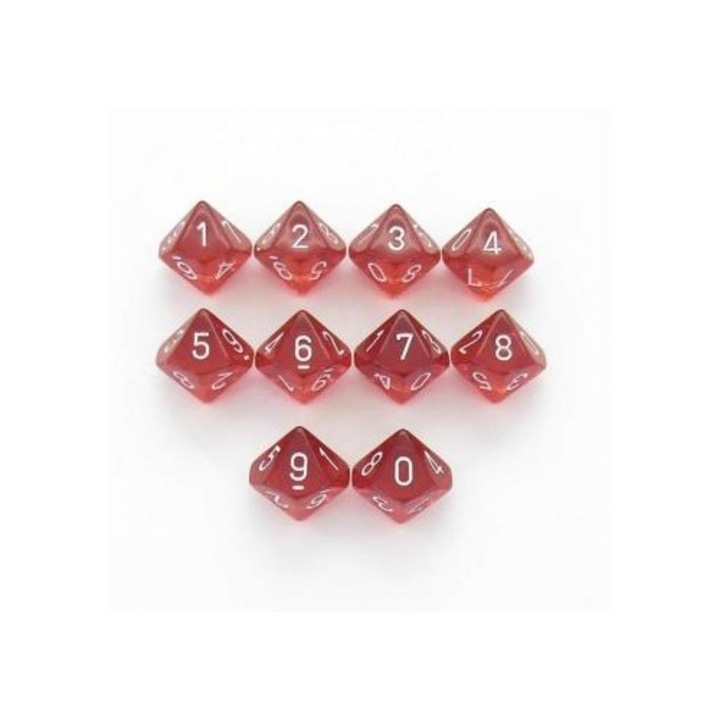 Chessex átlátszó piros/fehér d10 kocka készlet, 10 db