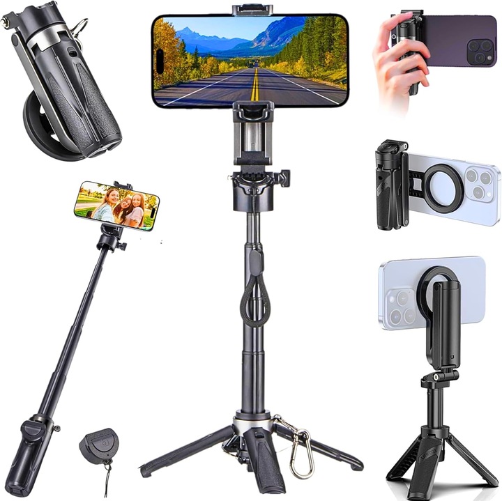 Trepied mini selfie stick VIP cu telecomandă Bluetooth, extensibil, rotatie 360, compact, 12, 9cm
