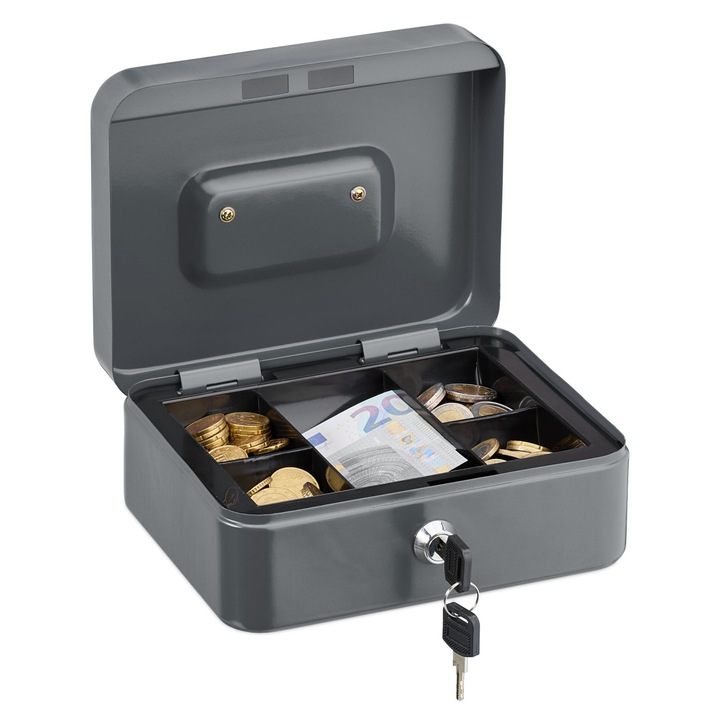 Caseta bani pentru monede si bancnote, Relaxdays, 8.5 x 20 x 17 cm, argintiu