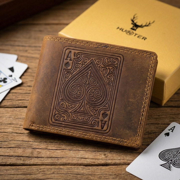 Portofel Barbati Piele Naturala, Gravura As de Pica, Simbol de Noroc si Avantaj, 12x9, 5x2 cm, Culoare Maro