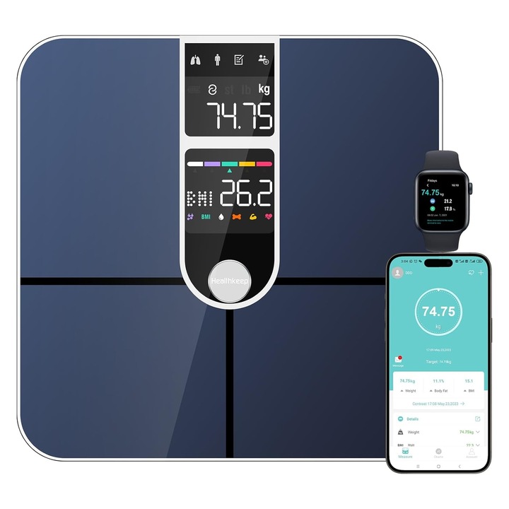 Cantar corporal Bluetooth Healthkeep FI2019LB-I, 180 kg, 16 masuratori, pentru 24 utilizatori, albastru