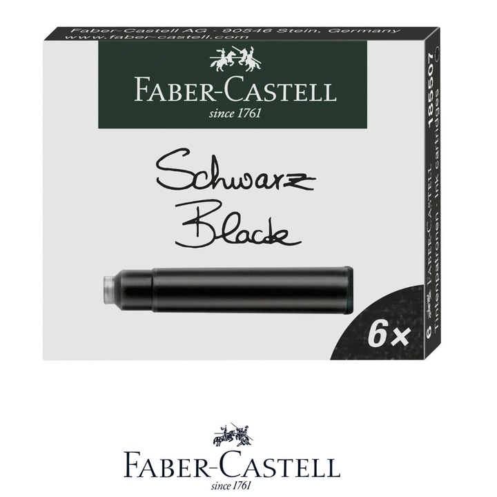 Set 6 Cartuse cu Cerneala Neagra Intensa pentru Stilou, Care Poate fi Stearsa, Faber-Castell, Pentru Documente si Uz Zilnic, Standard International