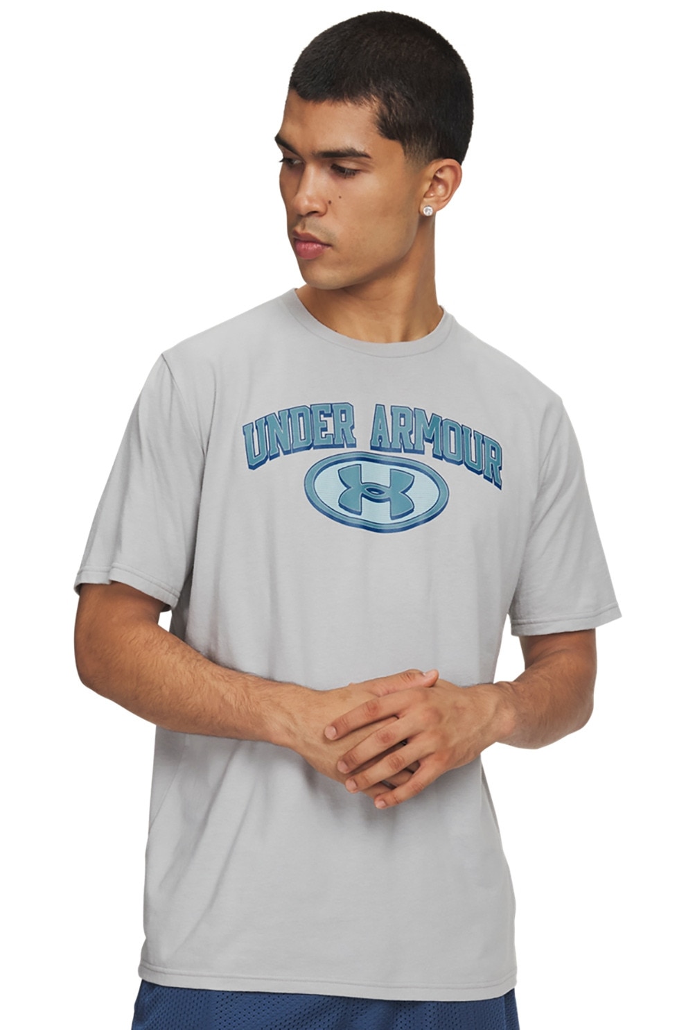 Under Armour, Tricou cu decolteu la baza gatului si imprimeu logo, Gri deschis, XL