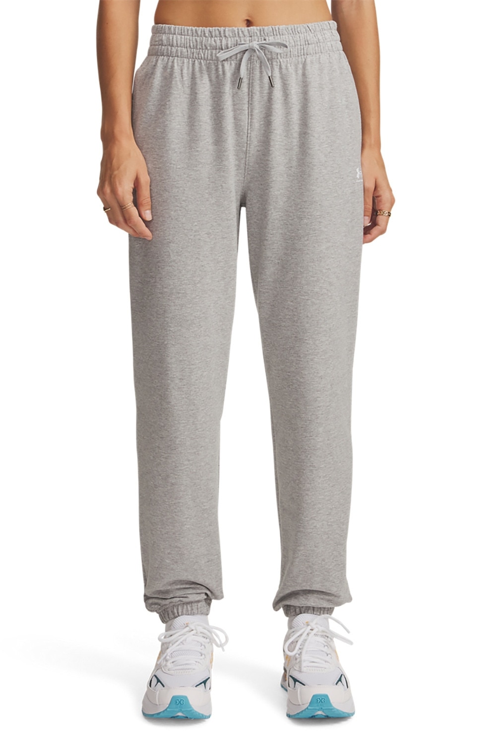 Under Armour, Pantaloni de trening cu snur in talie si talie inalta, Gri melange, S