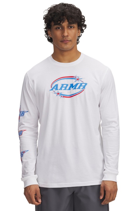 Under Armour, Bluza din amestec de bumbac cu model grafic, Alb optic/Rosu vermillion