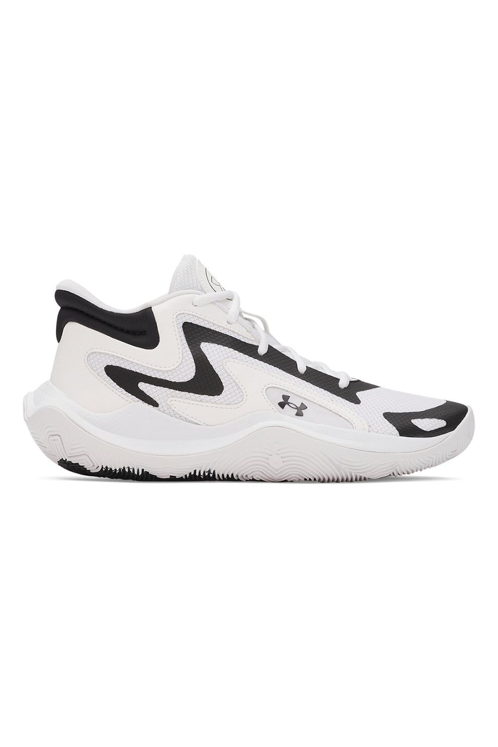 Under Armour, Pantofi mid-cut Jet '25 cu detaliu logo pentru baschet, Alb, Negru, 9.5