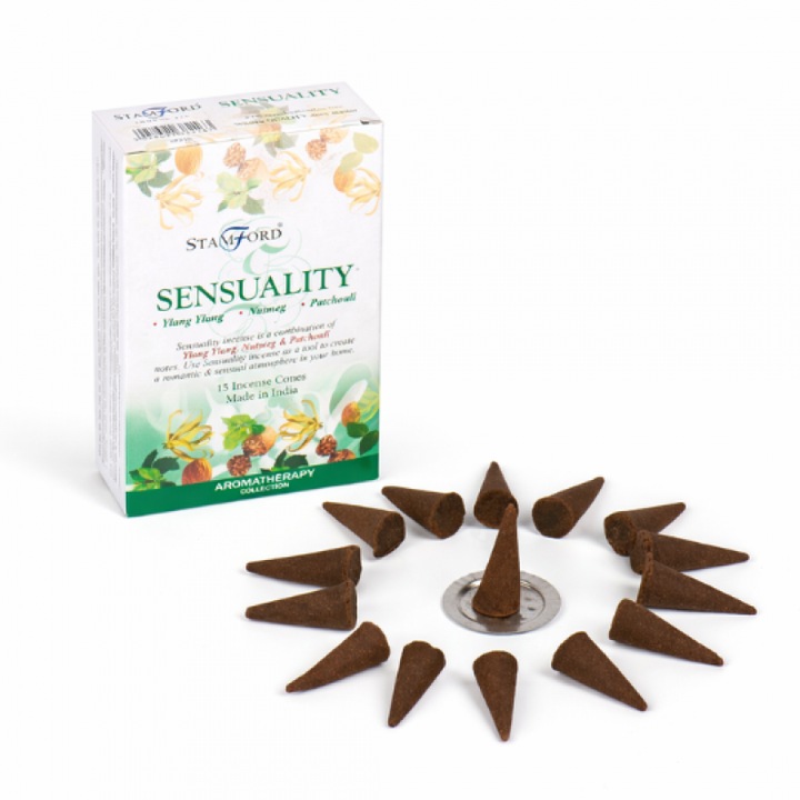 Set Conuri Parfumate Savonia Senzualitate, 15 bucăți, suport inclus, aromă caldă, 20 minute ardere