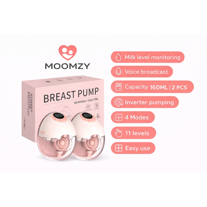 Set 2 Pompe de San Electrice SILENTIOASE, Hands-Free, Extragere Rapida Lapte, 4 Moduri Masaj, 12 Niveluri Intensitate, Functie de Prompt Vocal, Anti scurgere, BPA FREE, Confort si Control Oriunde, Portabila, Silicon alimentar, Roz