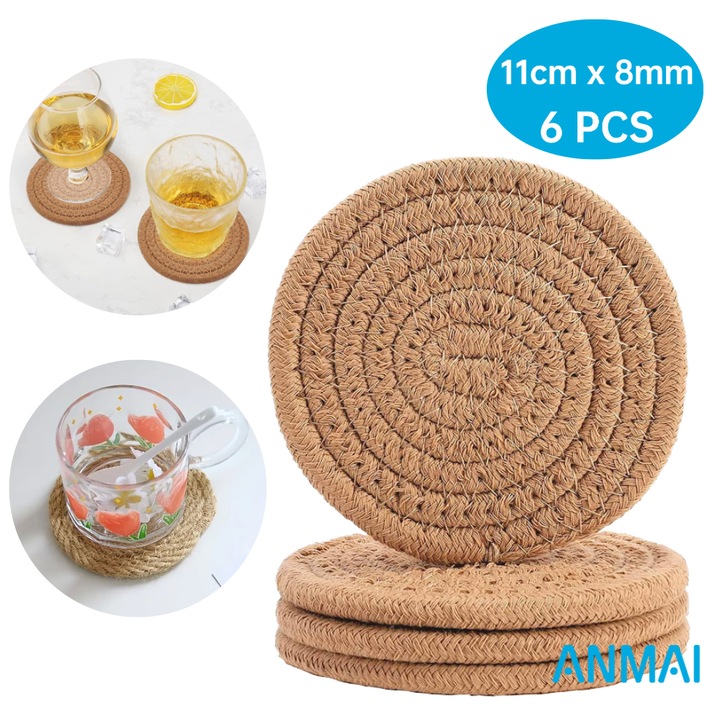 Set 4 suporturi pahare Anmai, bumbac organic, absobante si termoizolante, alb-natur, 11cm x 8mm