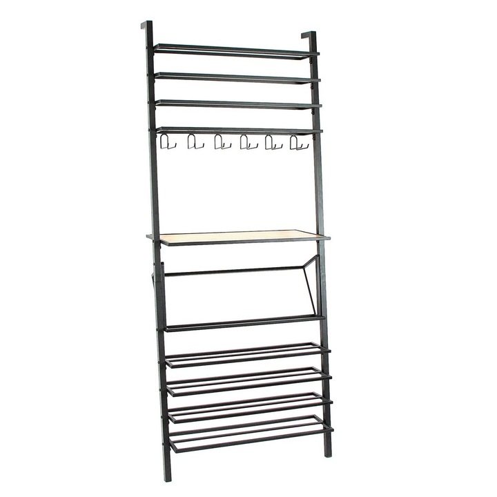 Стенна стойка за бутилки вино, черна, 75,5x32x184см, 10 рафта, за чаши