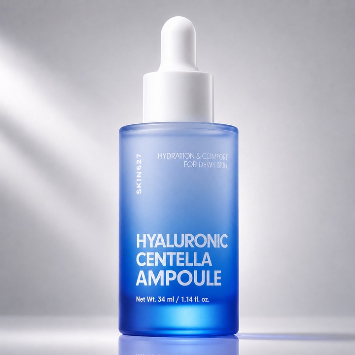 Ser facial coreean cu 5 forme de Acid Hialuronic si Centella Asiatica, pentru hidratare intensa, calmare, confort si sustinerea barierei cutanate, pentru ten uscat, sensibil, iritat si deshidratat, SKIN627 Hyaluronic Centella Ampoule, 34 ml
