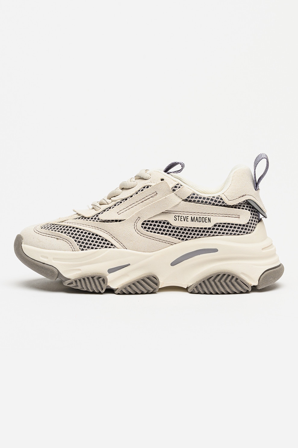 Steve Madden, Pantofi sport Possesion din plasa cu garnituri de piele ecologica, Gri deschis, Negru stins, 34 EU
