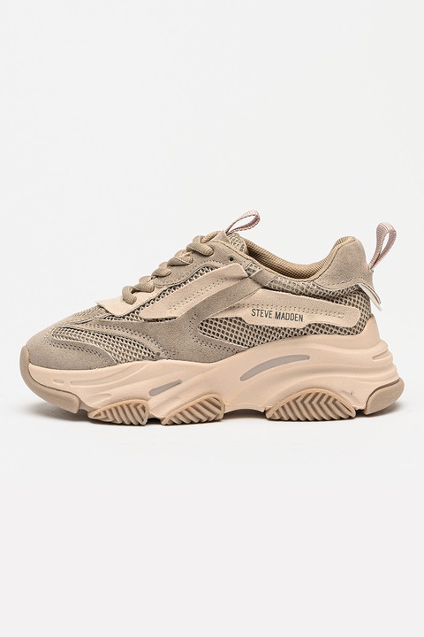 Steve Madden, Pantofi sport Possesion din plasa cu garnituri de piele ecologica, Maro taupe/Maro deschis