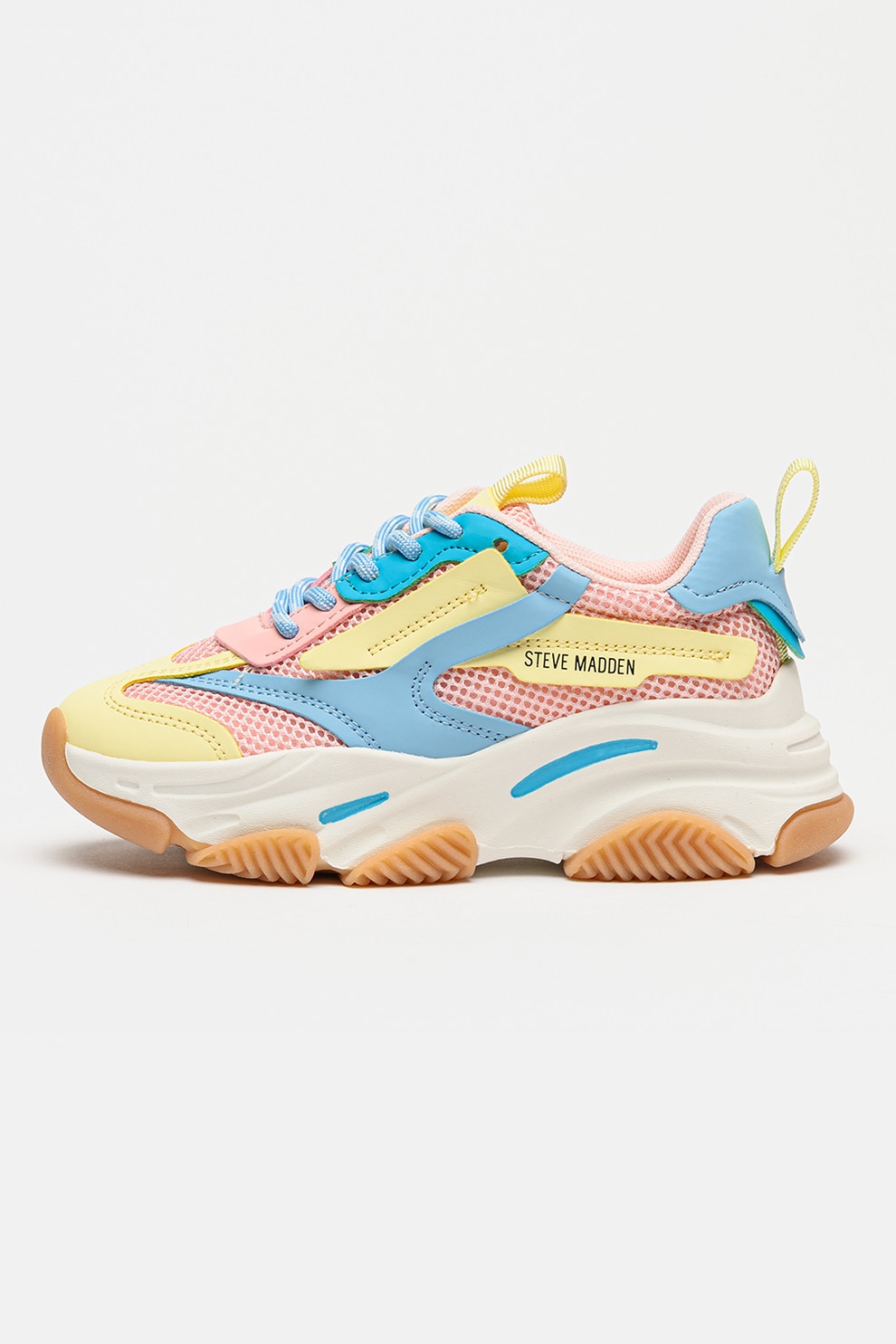 Steve Madden, Pantofi sport Possesion din plasa cu garnituri de piele ecologica, Albastru lavanda, Roz pastel, Galben pai, 33 EU