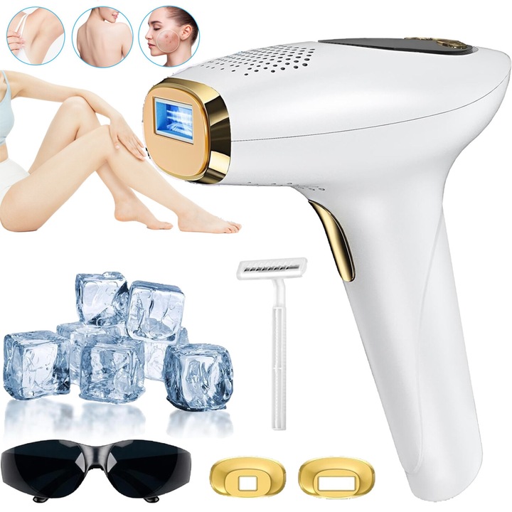 Aparat de epilare IPL cu functie de racire, 3 in 1, 9 niveluri de energie, alb si auriu, set complet