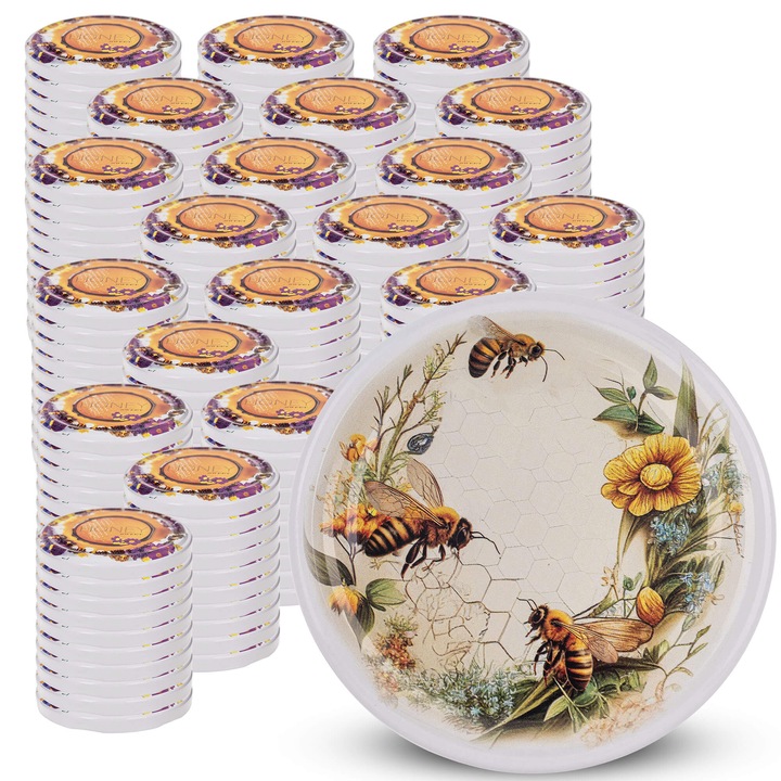 Capace pentru borcane, KADAX, set 200 buc, fi 66 mm, metalice, sigilate, cu model de legume si fructe