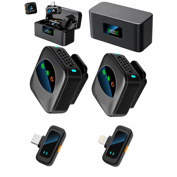 Set 2 Microfoane Lavaliera Profesionale Valoria, Reducere Zgomot Prin Tehnologie AI, Captare a Sunetului Sensibila 360°, 2.4G Plug and Play, Display LED, Carcasa Magnetica Incarcare, Type-C, Lightning Adaptor, Compatibil Android, iOs, Laptop, 30M, Negru
