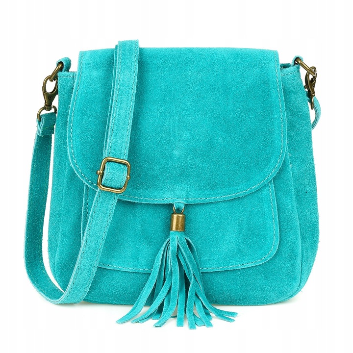 Дамска чанта, Vera Pelle, малка пощенска чанта, естествена кожа, морски цвят, 20x20x7см