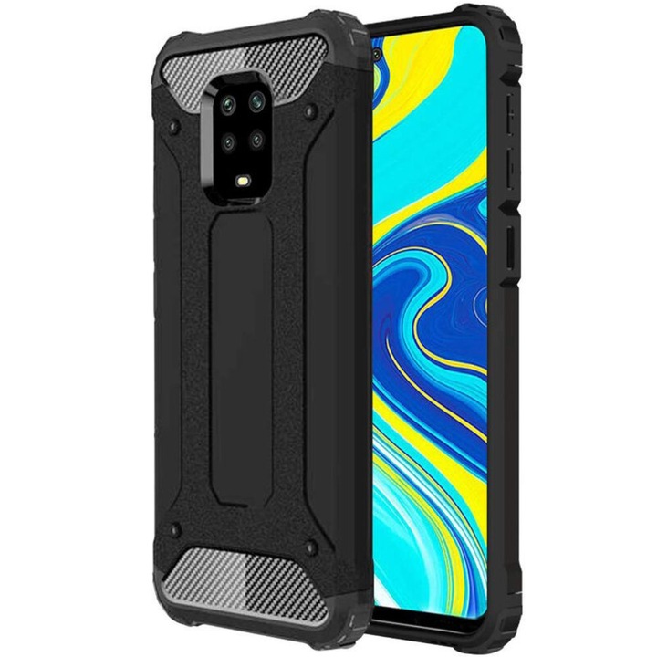 Husa Armor, G-tech Hibrid, compatibila cu Redmi Note 9s/Note 9 Pro, carbon si policarbonat, Negru