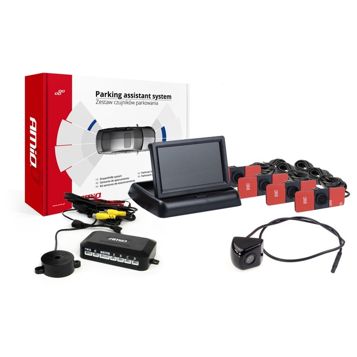 AMiO TFT02 4,3" parkoló szenzor készlet HD-310 kamerával, 4 szenzor, fekete