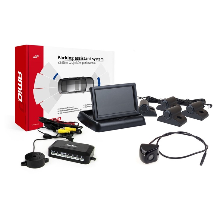 AMiO TFT02 4,3" parkoló szenzor szett HD-310 kamerával, 4 érzékelővel, fekete