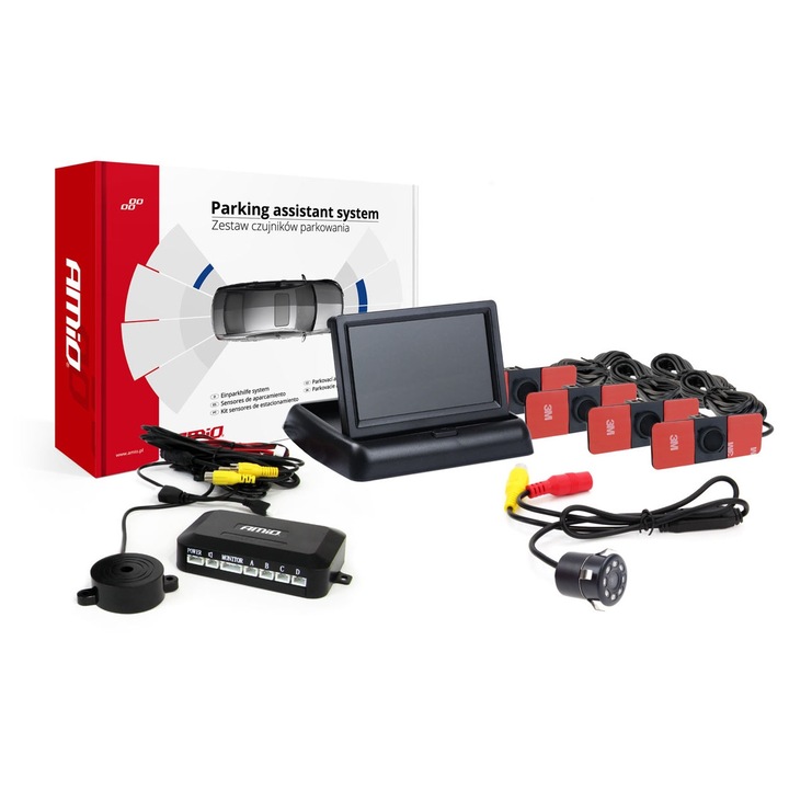 AMiO TFT02 4,3" parkolóradar szett HD-307-IR kamerával, 4 érzékelővel, fekete