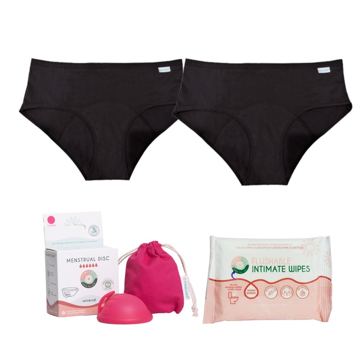 Комплект за менструация Femieko, Sport Queen, 2x Менструални бикини IDA черни, размер XL, 1x Универсален менструален диск powder, 1x Салфетки