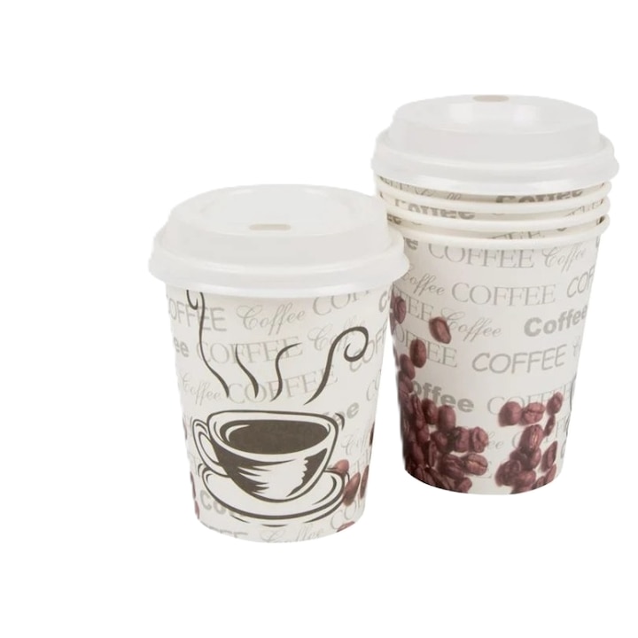 Pahare din carton pentru cafea, 50 buc, capacitate 240ml, diametru 7, 5cm, inaltime 10cm, design boabe de cafea