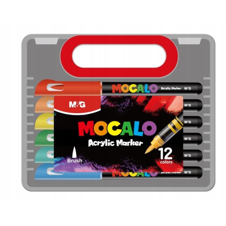 Set Markere acrilice M&G 12 culori, varf pensula, rezistente la apa, non-toxic