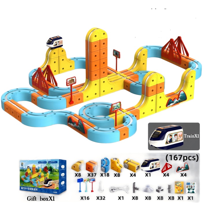 Set Constructie Tren 3D, LIXR, 167 Piese, Sistem Magnetism Feroviar, Multicolor, 3-8 ani
