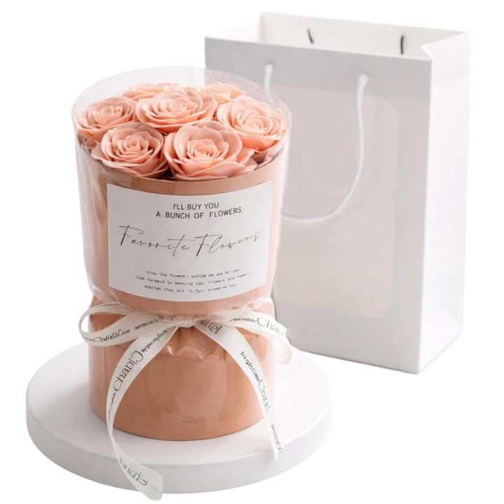 Buchet de flori din sapun parfumat 7 piese in cutie decorativa 31cm x 20cm x 15cm Cadoul ideal pentru Ziua indragostitilor, 1 Martie, 8 Martie, Ziua Femeii, Manolex®