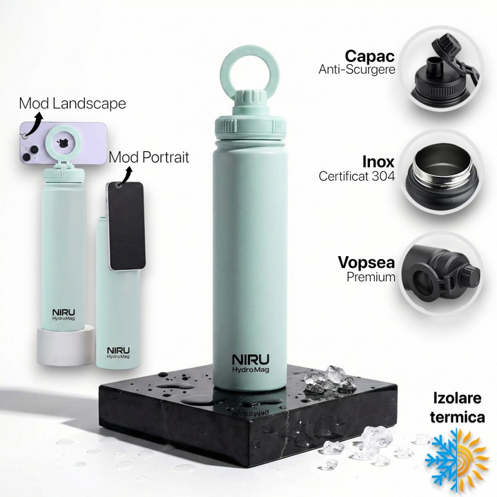 Sticla de apa portabila Niru HydroMag™ 750ML - din Inox Premium, cu suport magnetic MagSafe pentru telefon, Mentine Temperatura 24h cu Izolare Termica Vacuum, Anti-scurgere, BPA Free, pentru Fitness si Vlog, sport, sala, birou, cupholder, Verde Menta